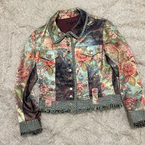 Floral Jean Jacket with Frayed Hem